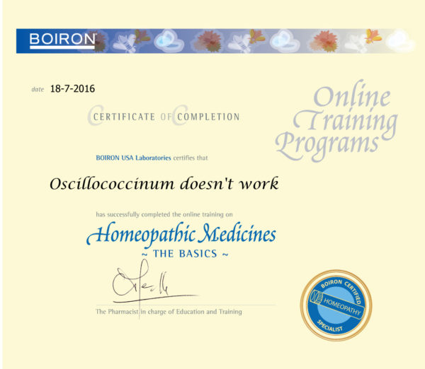 Boiron - Certificate - oscillococcinum