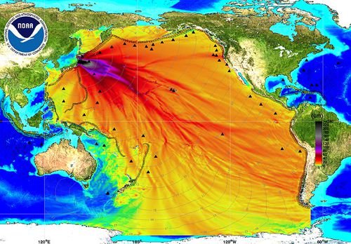 Golfhoogtes van de tsunami, geen stralingsniveaus