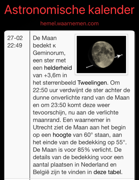 Astronomische kalender met voorbeeld ster welke bedekt word door de maan