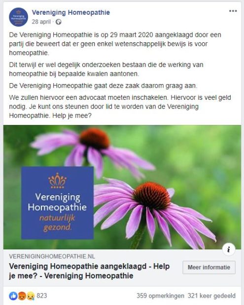 Vereniging Homeopathie misleidt met donatiecampagne voor 'rechtszaak' 8
