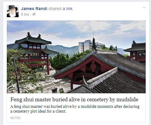 James Randi deelt een bericht op zijn Facebook-pagina