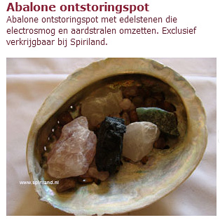 Abaloneschelp met 2x ruwe Bergkristal, 1x Aventurijn, 1x rozenkwarts, 1x Amathyst en 1x zwarte Toermalijn. En met kleine geslepen Amathyst en Tijgeroog. (Spiriland.nl)