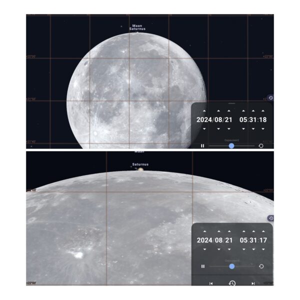 Stellarium weergave van Saturnus die verdwijnt achter de maan