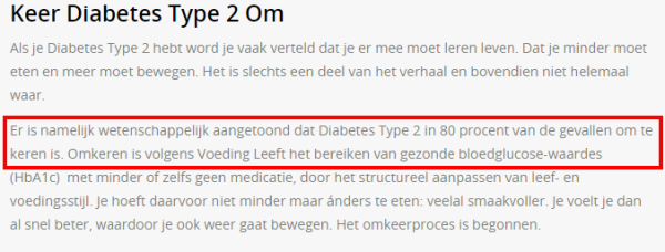De claim op de website keerdiabetesom.nl