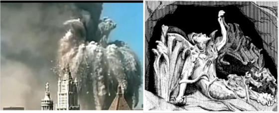 Met nog meer fanatasie zie je gelijkenis in de stofwolken en de schets van (een beeld ontworpen door Steiner) van Lucifer 